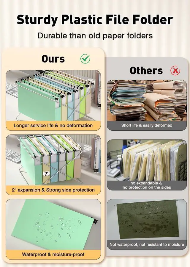 Alt view image 3 of 7 - Extra Capacity Plastic Hanging File Folders,12 Pack Reinforced Expanding Hang Folder Legal Size,Accordian Pocket,Heavy Duty 2 Inch Expansion,Hanging Folder Organizer for Office Home, Pastel