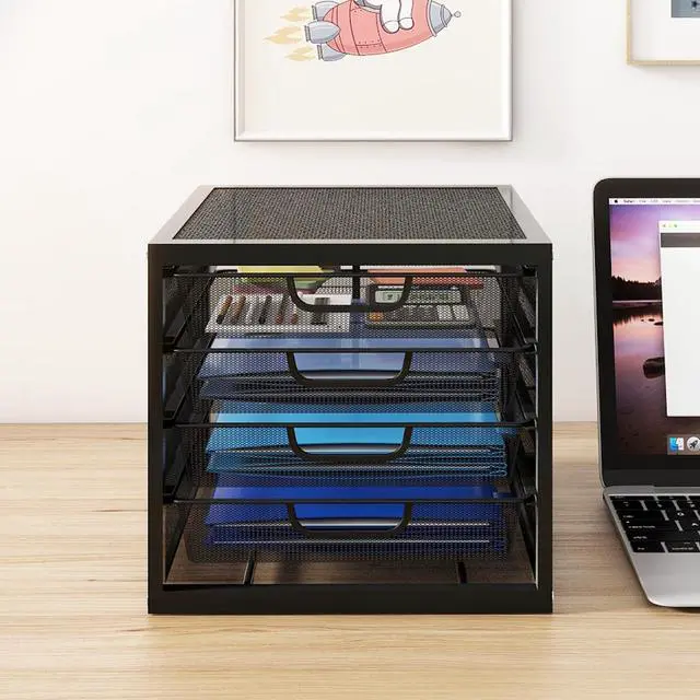 Main image of Mesh Desk Organizer with 4 Tier Sliding Drawers, Office Supplies Desktop Organizers and Accessories Stationery Storage, Paper Sorter, File Binder Organizer for Home Office School,Black