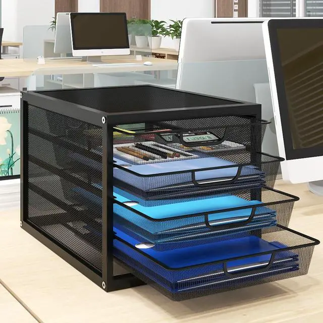 Alt view image 2 of 7 - Mesh Desk Organizer with 4 Tier Sliding Drawers, Office Supplies Desktop Organizers and Accessories Stationery Storage, Paper Sorter, File Binder Organizer for Home Office School,Black