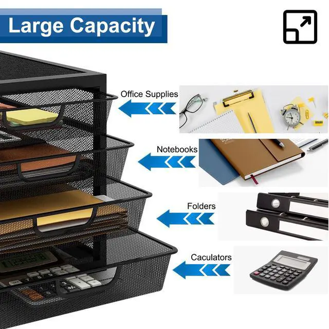 Alt view image 4 of 7 - Mesh Desk Organizer with 4 Tier Sliding Drawers, Office Supplies Desktop Organizers and Accessories Stationery Storage, Paper Sorter, File Binder Organizer for Home Office School,Black