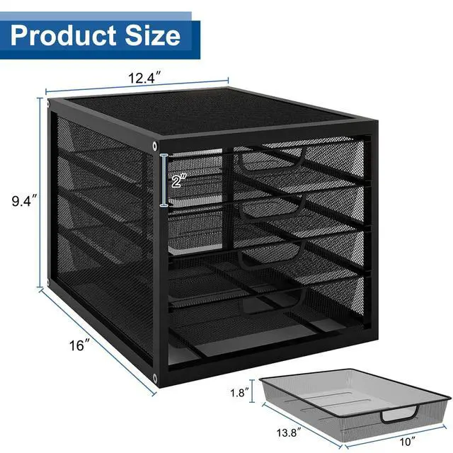 Alt view image 5 of 7 - Mesh Desk Organizer with 4 Tier Sliding Drawers, Office Supplies Desktop Organizers and Accessories Stationery Storage, Paper Sorter, File Binder Organizer for Home Office School,Black