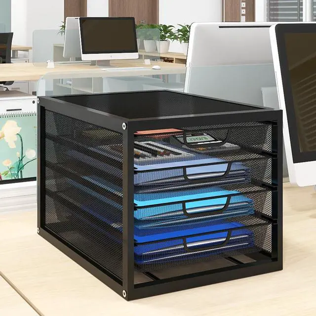Alt view image 6 of 7 - Mesh Desk Organizer with 4 Tier Sliding Drawers, Office Supplies Desktop Organizers and Accessories Stationery Storage, Paper Sorter, File Binder Organizer for Home Office School,Black