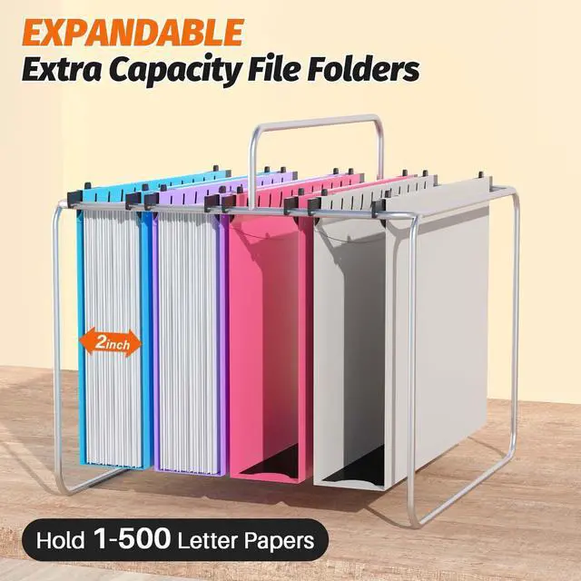Alt view image 4 of 6 - Extra Capacity Plastic Hanging File Folder, 12 Pack Reinforced Hang Folders Letter Size, Heavy Duty 2 Inch Expansion Filing Cabinet Folders for Bulk Files, Medical Charts, Assorted Colors
