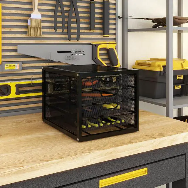 Alt view image 7 of 7 - Mesh Desk Organizer with 4 Tier Sliding Drawers, Office Supplies Desktop Organizers and Accessories Stationery Storage, Paper Sorter, File Binder Organizer for Home Office School,Black