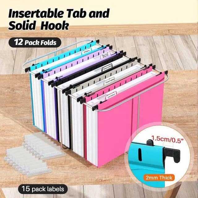 Alt view image 5 of 6 - Extra Capacity Plastic Hanging File Folder, 12 Pack Reinforced Hang Folders Letter Size, Heavy Duty 2 Inch Expansion Filing Cabinet Folders for Bulk Files, Medical Charts, Assorted Colors