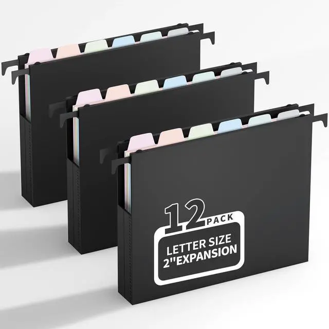 Main image of Plastic Hanging File Folders Letter Size, 12 Pack Reinforced Heavy Duty Hang Folder with Movable Pastel Dividers, Adjustable Tabs, 2" File Organizer for Filing Cabinet, School, Office