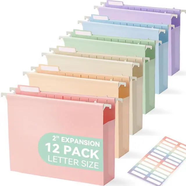 Main image of Plastic Extra Capacity Hanging File Folders, 2" Pastel Expanding Pocket, Heavy Duty for Filing Cabinet, Insertable 1/5-Cut Tabs, Letter Size - 12 Pack