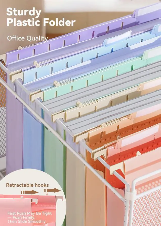 Alt view image 5 of 6 - Plastic Extra Capacity Hanging File Folders, 2" Pastel Expanding Pocket, Heavy Duty for Filing Cabinet, Insertable 1/5-Cut Tabs, Letter Size - 12 Pack