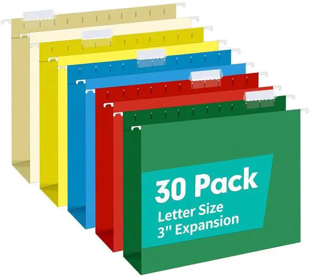 Main image of Extra Capacity Hanging File Folders, 30 Pack Reinforced Letter Size Hanging Folders with Heavy Duty 3 Inch Expansion, Designed for Bulky Files, Medical Charts, Adjustable Tabs, Assorted Colors