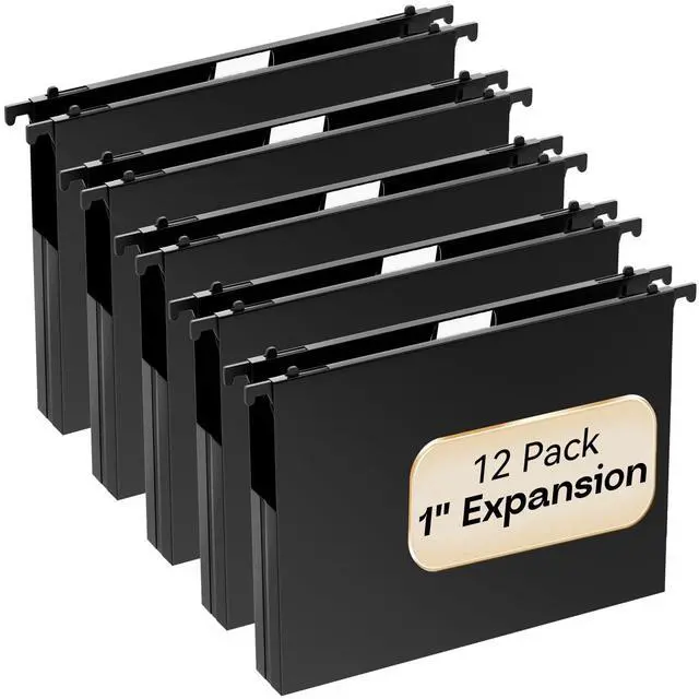 Main image of Plastic Extra Capacity Hanging File Folders Letter Size,Heavy Duty 1" Expansion Accordian Pocket,Black Expanding Hang Folder with Tab,12 Pack Reinforced File Cabinet Folders for Office School