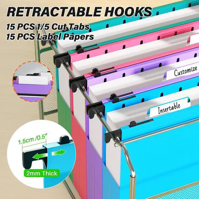 Alt view image 3 of 7 - Plastic Hanging File Folder Letter Size,Heavy Duty 2" Expandable File Folder with Tabs,12 Pack Reinforced Expanding Hanging Folder,File Cabinet Folders,Extra Capacity,Hanging Organizer for Home Office