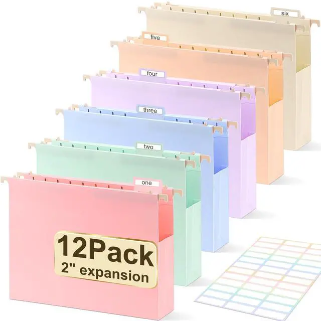 Main image of Extra Capacity Plastic Hanging File Folders Letter Size,12 Pack 2 Inch Capacity Hanging File folders with Tabs,Heavy Duty for Filing Cabinet,Home and Office File,Pastel Colors