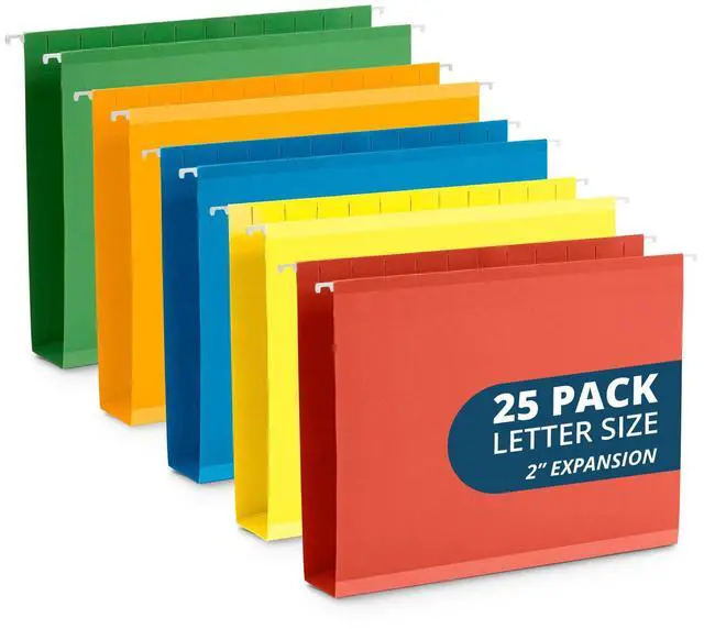 Main image of 25 Extra Capacity Hanging File Folders Letter Size 2 Inch Expansion, Expanding Hanging File Folders, Wide, Expandable, Reinforced 12pt Paper, Assorted Colors