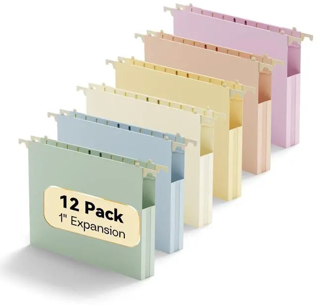 Main image of Plastic Hanging File Folders 1 Inch Expansion Letter Size,12 Pack Reinforced Heavy Duty Hang Folder with Tabs,Pastel Color Expandable Hanging Files with Side,File Cabinet Folders for School
