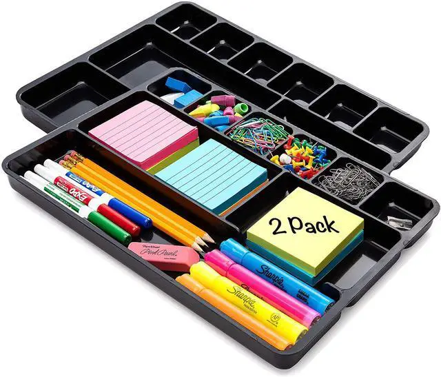 Main image of Desk Drawer Organizer Tray with 9 Storage Compartments - For Home and Office - Drawer Organizers Office, Perfect Organizing Pens, Pencils, Paper Clips, Sticky Notes and all your Supplies - 2 Pack