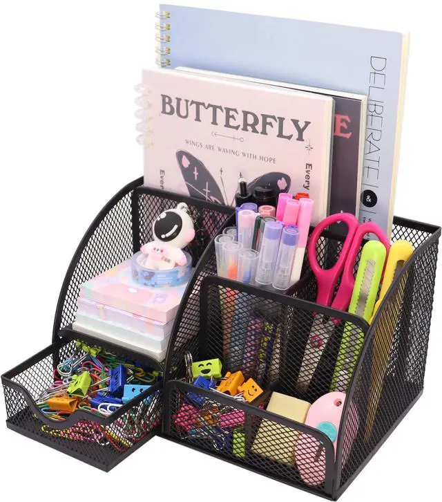 Main image of Mesh Desk Organizer Desktop Office Supplies Stationary Organizer with 6 Compartments and 1 Drawer Multi-Functional Caddy Pen Holder for Home Office School Desk Decor(Black)