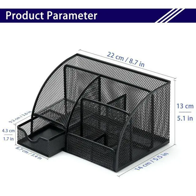 Alt view image 3 of 6 - Mesh Desk Organizer Desktop Office Supplies Stationary Organizer with 6 Compartments and 1 Drawer Multi-Functional Caddy Pen Holder for Home Office School Desk Decor(Black)