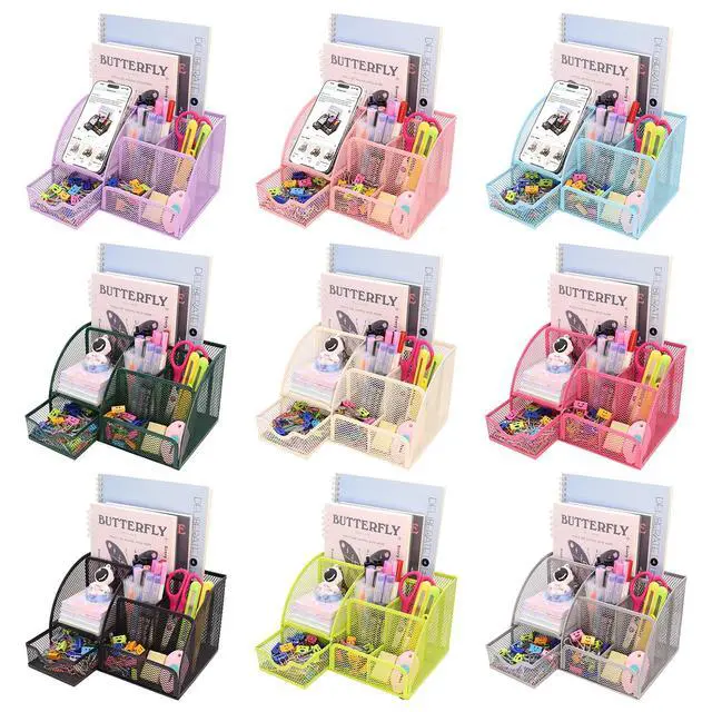 Alt view image 4 of 6 - Mesh Desk Organizer Desktop Office Supplies Stationary Organizer with 6 Compartments and 1 Drawer Multi-Functional Caddy Pen Holder for Home Office School Desk Decor(Black)