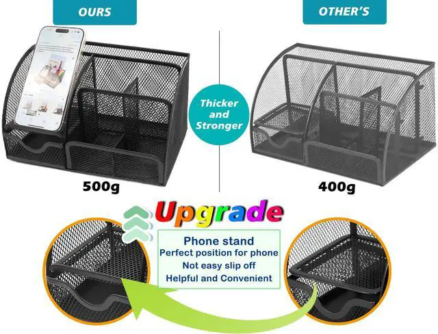 Alt view image 2 of 6 - Mesh Desk Organizer Desktop Office Supplies Stationary Organizer with 6 Compartments and 1 Drawer Multi-Functional Caddy Pen Holder for Home Office School Desk Decor(Black)