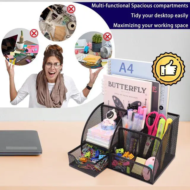 Alt view image 5 of 6 - Mesh Desk Organizer Desktop Office Supplies Stationary Organizer with 6 Compartments and 1 Drawer Multi-Functional Caddy Pen Holder for Home Office School Desk Decor(Black)
