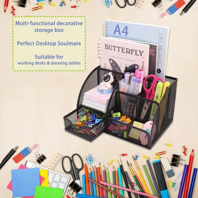 Alt view image 6 of 6 - Mesh Desk Organizer Desktop Office Supplies Stationary Organizer with 6 Compartments and 1 Drawer Multi-Functional Caddy Pen Holder for Home Office School Desk Decor(Black)