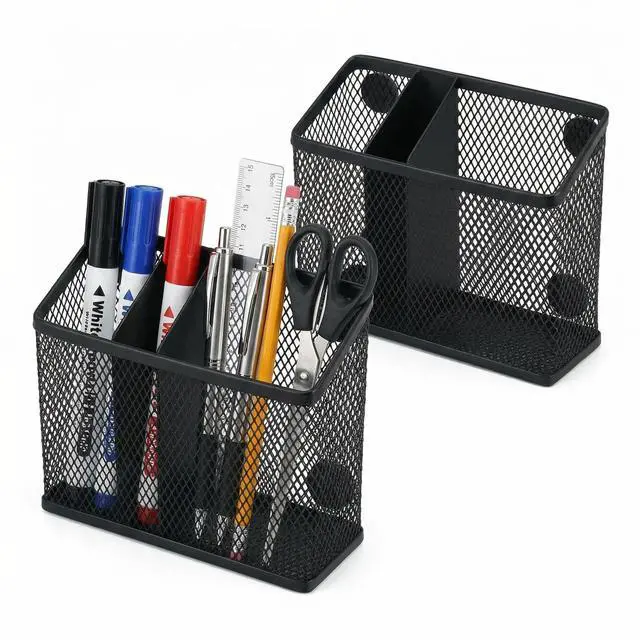 Main image of Magnetic Pen Holder 2 Pack, 3-Compartment Metal Mesh Magnetic Organizer for Whiteboard, Refrigerator, Locker & Filing Cabinet, Dry Erase Marker Holder, Black
