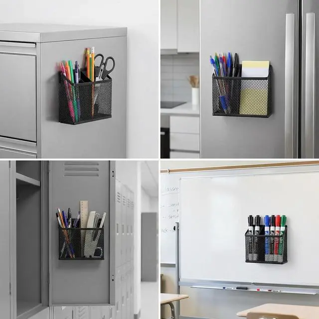 Alt view image 3 of 7 - Magnetic Pen Holder 2 Pack, 3-Compartment Metal Mesh Magnetic Organizer for Whiteboard, Refrigerator, Locker & Filing Cabinet, Dry Erase Marker Holder, Black