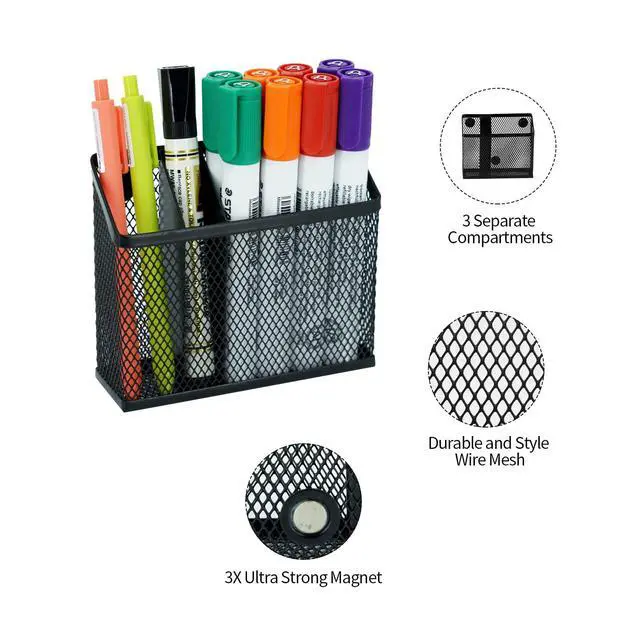 Alt view image 4 of 7 - Magnetic Pen Holder 2 Pack, 3-Compartment Metal Mesh Magnetic Organizer for Whiteboard, Refrigerator, Locker & Filing Cabinet, Dry Erase Marker Holder, Black