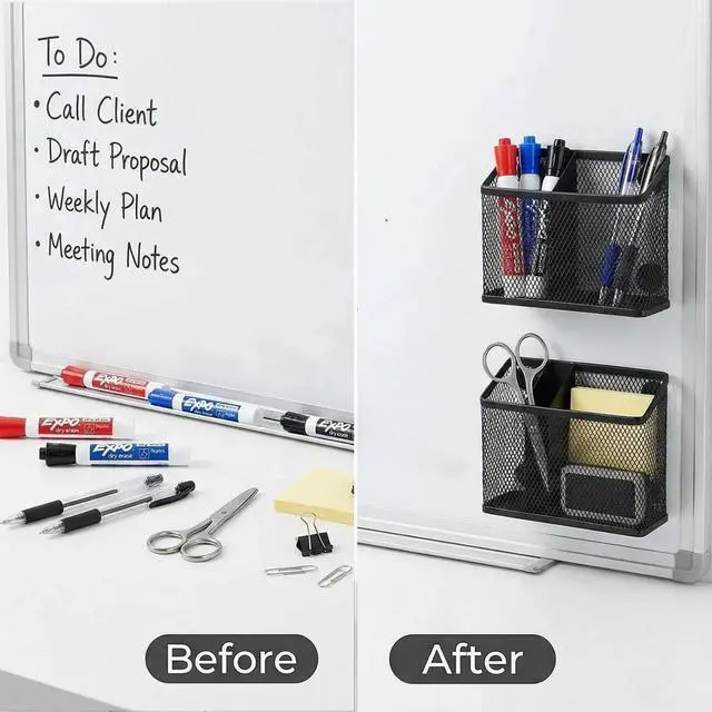 Alt view image 6 of 7 - Magnetic Pen Holder 2 Pack, 3-Compartment Metal Mesh Magnetic Organizer for Whiteboard, Refrigerator, Locker & Filing Cabinet, Dry Erase Marker Holder, Black