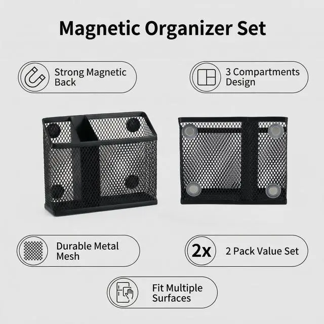 Alt view image 7 of 7 - Magnetic Pen Holder 2 Pack, 3-Compartment Metal Mesh Magnetic Organizer for Whiteboard, Refrigerator, Locker & Filing Cabinet, Dry Erase Marker Holder, Black