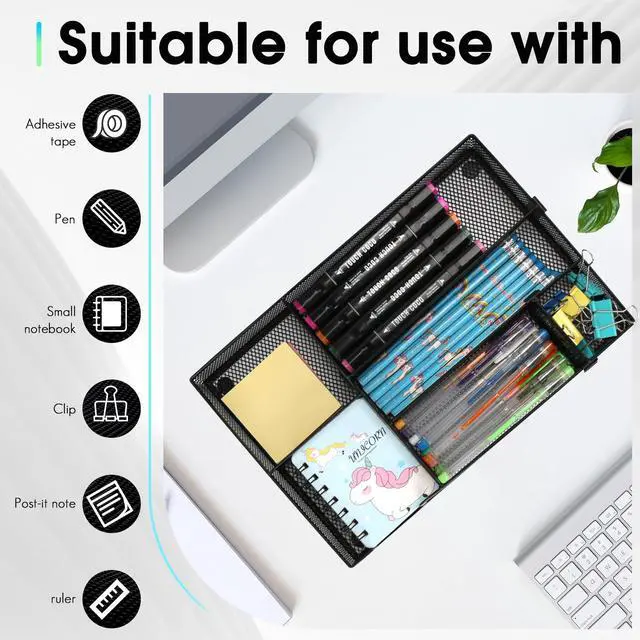 Alt view image 3 of 7 - Desk Drawer Organizer Tray, 4 to 6 Grid Drawer Divider with 2 Adjustable Compartments, Metal Mesh Desk Organizer for Stationery Makeup Kitchen Toolroom School &Office, 12.6x8.26x1.57 in,1 PC
