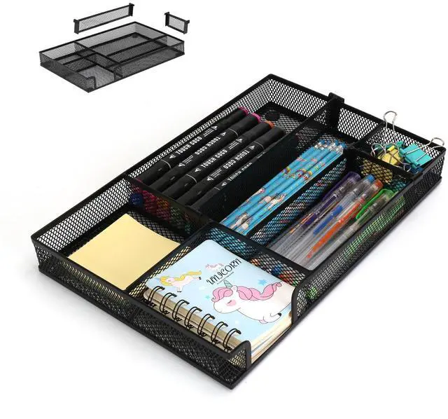 Main image of Desk Drawer Organizer Tray, 4 to 6 Grid Drawer Divider with 2 Adjustable Compartments, Metal Mesh Desk Organizer for Stationery Makeup Kitchen Toolroom School &Office, 12.6x8.26x1.57 in,1 PC