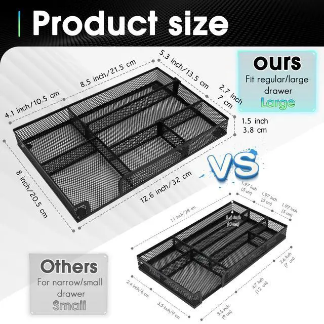 Alt view image 4 of 7 - Desk Drawer Organizer Tray, 4 to 6 Grid Drawer Divider with 2 Adjustable Compartments, Metal Mesh Desk Organizer for Stationery Makeup Kitchen Toolroom School &Office, 12.6x8.26x1.57 in,1 PC