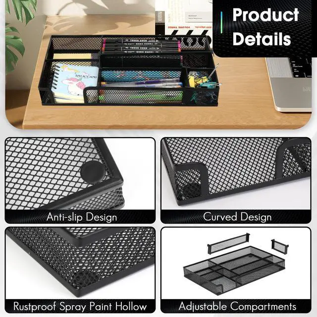Alt view image 5 of 7 - Desk Drawer Organizer Tray, 4 to 6 Grid Drawer Divider with 2 Adjustable Compartments, Metal Mesh Desk Organizer for Stationery Makeup Kitchen Toolroom School &Office, 12.6x8.26x1.57 in,1 PC