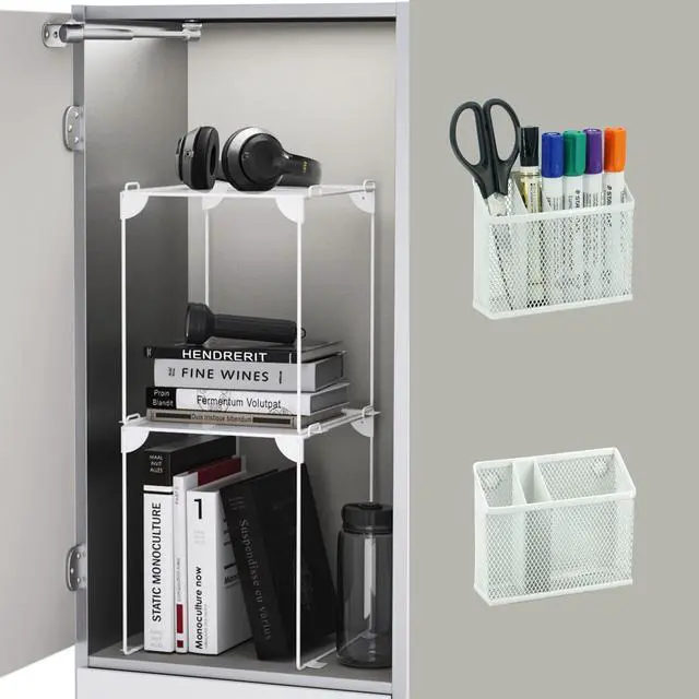 Main image of Locker Organizer Kit, 4-Piece Set with Foldable Mesh Locker Shelf and Magnetic Pen Holders, Stackable Storage for School, Work & Gym Lockers, White