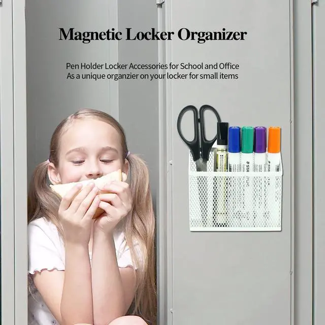 Alt view image 7 of 7 - Locker Organizer Kit, 4-Piece Set with Foldable Mesh Locker Shelf and Magnetic Pen Holders, Stackable Storage for School, Work & Gym Lockers, White