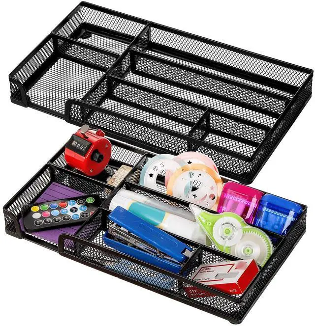 Main image of 2 Pack Desk Drawer Organizer, Metal Mesh Drawer Office Tray, 6 Compartments Pen Organizer Storage Box, Desktop Basket Accessories for Home Office School Kitchen Vanity Supplies, Black