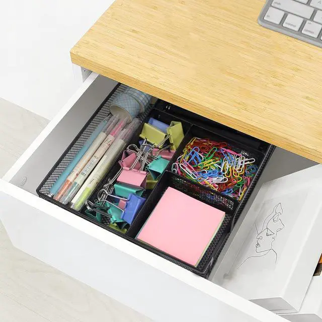 Alt view image 6 of 6 - 2 Pack Desk Drawer Organizer, Metal Mesh Drawer Office Tray, 6 Compartments Pen Organizer Storage Box, Desktop Basket Accessories for Home Office School Kitchen Vanity Supplies, Black
