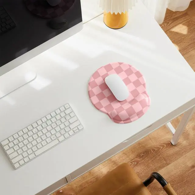 Alt view image 2 of 7 - Coral Pink Checkered Mouse Pad with Gel Wrist Rest, Wrist Support, Ergonomic Desk Accessories for Women, Office Laptop Gaming Decor, Cute Aesthetic Check Design
