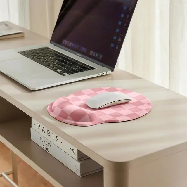 Alt view image 3 of 7 - Coral Pink Checkered Mouse Pad with Gel Wrist Rest, Wrist Support, Ergonomic Desk Accessories for Women, Office Laptop Gaming Decor, Cute Aesthetic Check Design