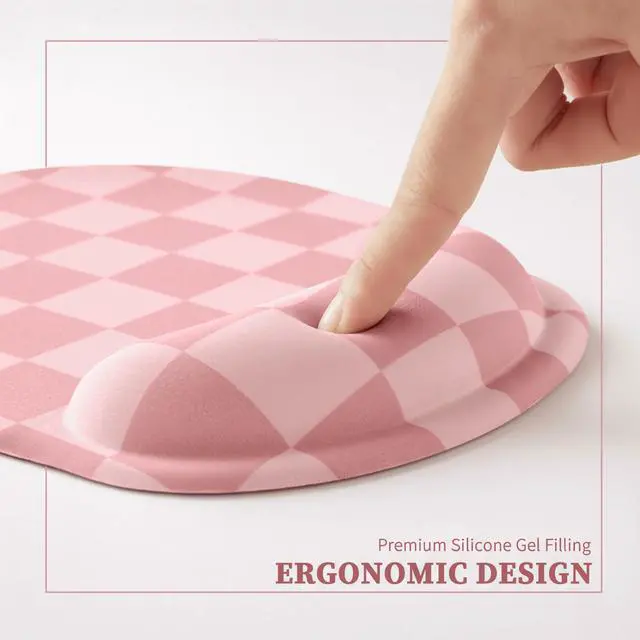 Alt view image 5 of 7 - Coral Pink Checkered Mouse Pad with Gel Wrist Rest, Wrist Support, Ergonomic Desk Accessories for Women, Office Laptop Gaming Decor, Cute Aesthetic Check Design