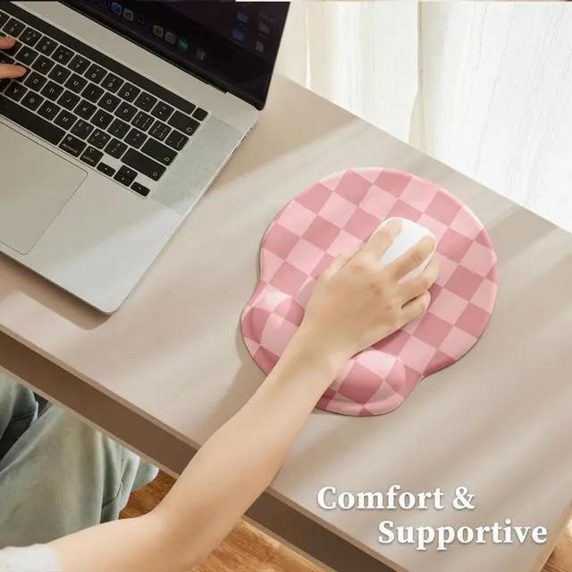Alt view image 7 of 7 - Coral Pink Checkered Mouse Pad with Gel Wrist Rest, Wrist Support, Ergonomic Desk Accessories for Women, Office Laptop Gaming Decor, Cute Aesthetic Check Design