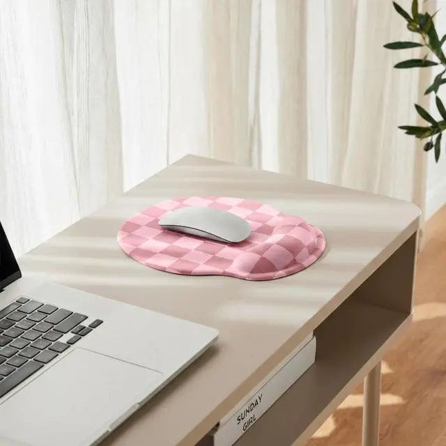 Alt view image 6 of 7 - Coral Pink Checkered Mouse Pad with Gel Wrist Rest, Wrist Support, Ergonomic Desk Accessories for Women, Office Laptop Gaming Decor, Cute Aesthetic Check Design