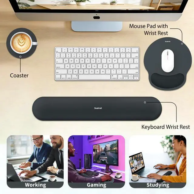 Alt view image 6 of 7 - Mouse Pad and Keyboard Wrist Rest, 3-in-1 Gel Memory Foam Ergonomic Mouse Pad with Wrist Rest Set, Gaming Mousepad Arm Cushion Support for Computer Office Desk Accessories Cute Setup, Charcoal