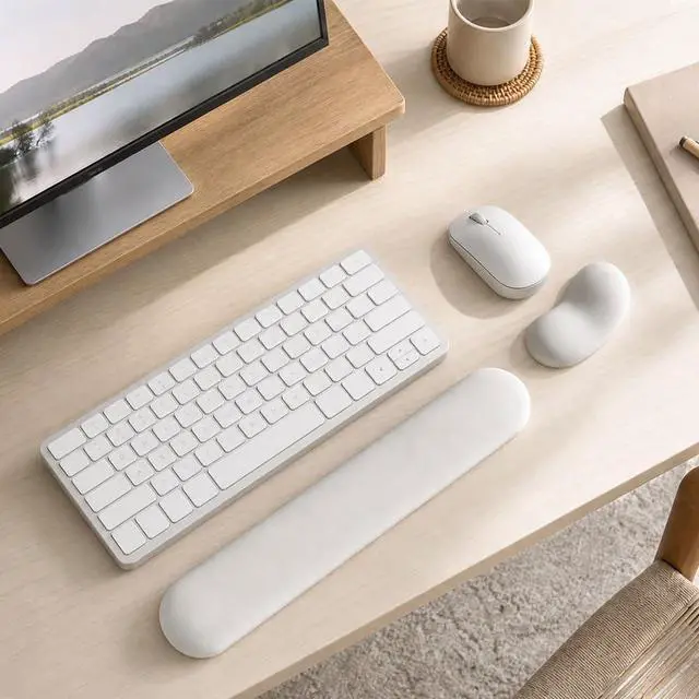 Alt view image 2 of 7 - Ergonomic Wrist Rest Set for Keyboard and Mouse | Cooling Gel & Slow-Rebound Memory Foam Palm Support Pad | Luxe Leather, Minimalist, Non-Slip PU Base for Office, Laptop & Gaming (03White)