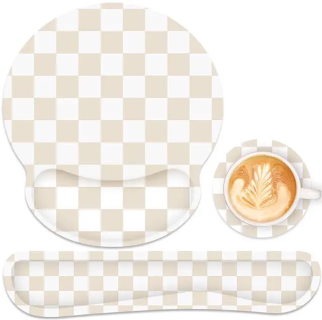 Main image of Ergonomic Mouse Pad with Wrist Rest and Keyboard Wrist Rest, Mousepad and Keyboard Pad, Non-Slip Rubber Base, Pain Relief, Mouse Pad with Wrist Support for Gaming, Computer, Office, Beige Checkered