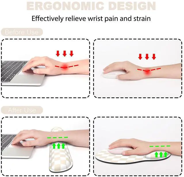 Alt view image 2 of 7 - Ergonomic Mouse Pad with Wrist Rest and Keyboard Wrist Rest, Mousepad and Keyboard Pad, Non-Slip Rubber Base, Pain Relief, Mouse Pad with Wrist Support for Gaming, Computer, Office, Beige Checkered
