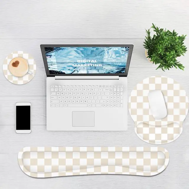 Alt view image 6 of 7 - Ergonomic Mouse Pad with Wrist Rest and Keyboard Wrist Rest, Mousepad and Keyboard Pad, Non-Slip Rubber Base, Pain Relief, Mouse Pad with Wrist Support for Gaming, Computer, Office, Beige Checkered