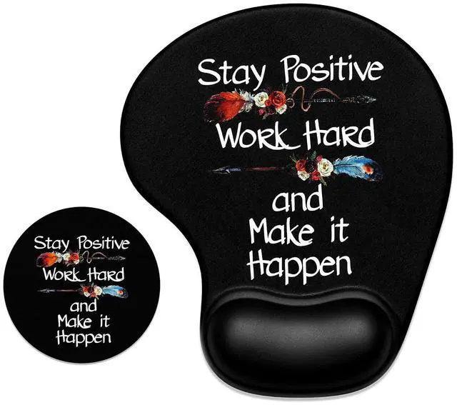 Main image of Ergonomic Mouse Pad Coaster Set with Gel Wrist Support Wrist Rest Smooth Surface Non-Slip PU Base Comfortable Office Supplies Pain Relief, 9.5 x 8.3 inches, Inspirational Quote Black