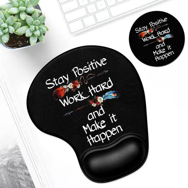 Alt view image 6 of 7 - Ergonomic Mouse Pad Coaster Set with Gel Wrist Support Wrist Rest Smooth Surface Non-Slip PU Base Comfortable Office Supplies Pain Relief, 9.5 x 8.3 inches, Inspirational Quote Black